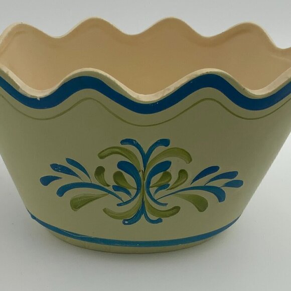 Vintage 1960s Inarco Ceramic Pot Yellow & Blue Scalloped Top Hand-painted E-4538 - Picture 5 of 7